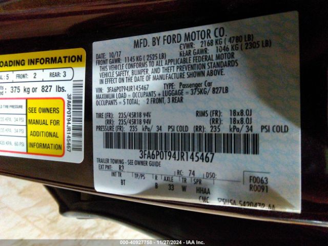 3FA6P0T94JR145467 Ford FUSION SE