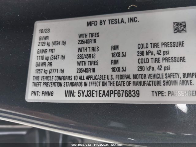 5YJ3E1EA4PF676839 Tesla Model 3 Rear-wheel Drive