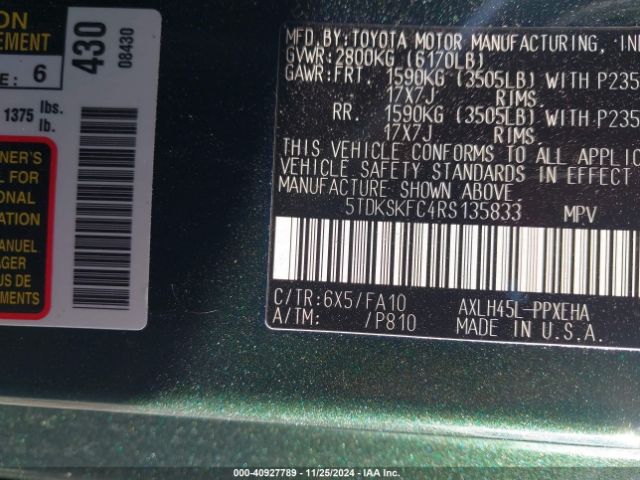 5TDKSKFC4RS135833 Toyota SIENNA LE