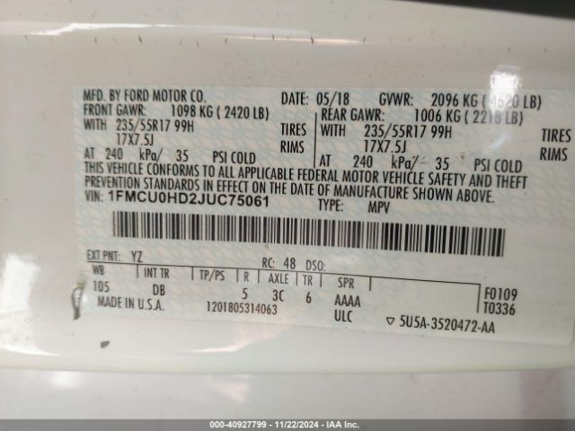 1FMCU0HD2JUC75061 Ford ESCAPE SEL