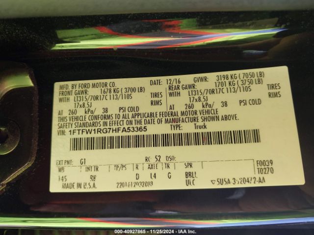 1FTFW1RG7HFA53365 Ford F-150 Raptor