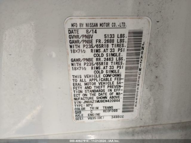 JN8AZ1MU9EW420944 Nissan MURANO SL