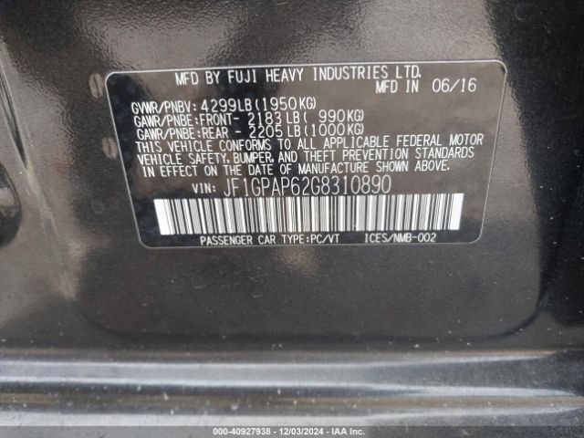 JF1GPAP62G8310890 Subaru Impreza 2.0i Sport Premium