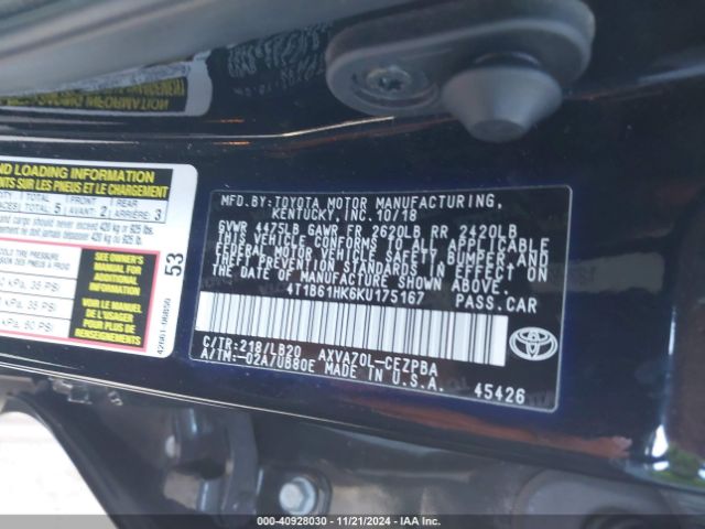 4T1B61HK6KU175167 Toyota CAMRY XSE