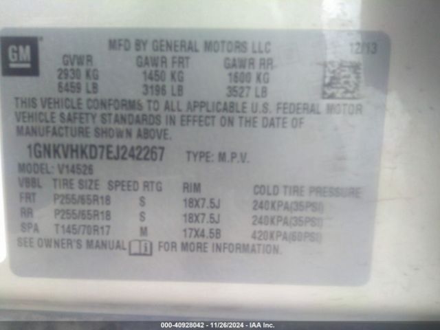 1GNKVHKD7EJ242267 Chevrolet Traverse 2lt