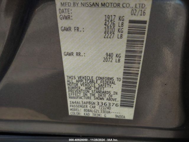 1N4AL3AP8GN336376 Nissan Altima 2.5/2.5 S/2.5 Sl/2.5 Sr/2.5 Sv