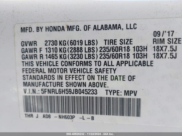Honda ODYSSEY EX 2018 5FNRL6H59JB045233 Image 9