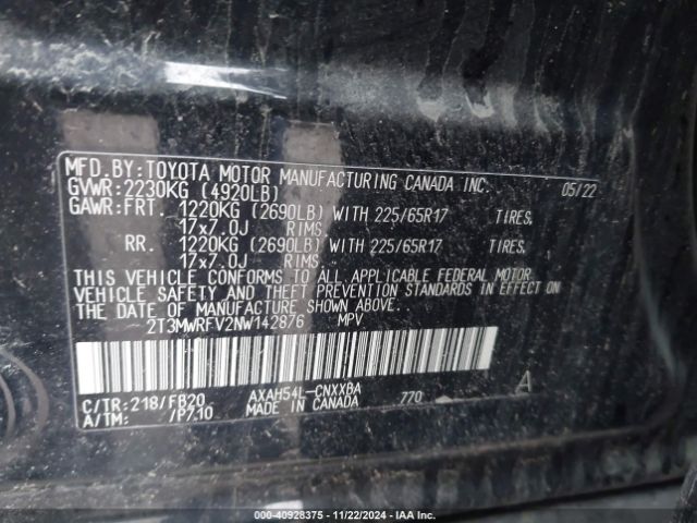 2T3MWRFV2NW142876 Toyota Rav4 Hybrid Le