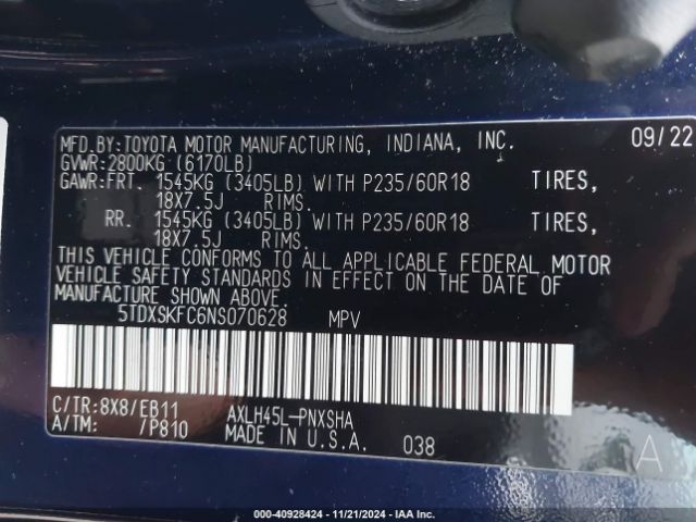 5TDXSKFC6NS070628 Toyota Sienna Xse