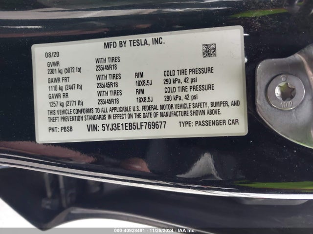 2020 TESLA MODEL 3 5YJ3E1EB5LF769677 Photo 8