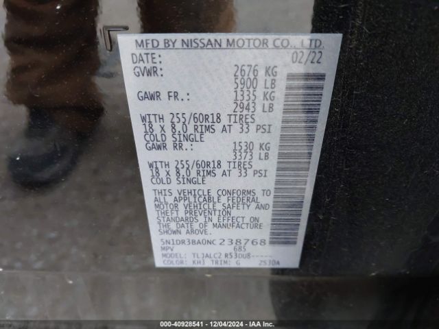 5N1DR3BA0NC238768 Nissan Pathfinder Sv 2wd