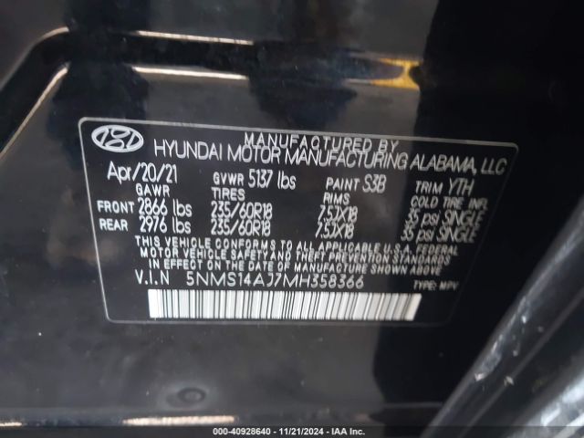 5NMS14AJ7MH358366 Hyundai Santa Fe Se