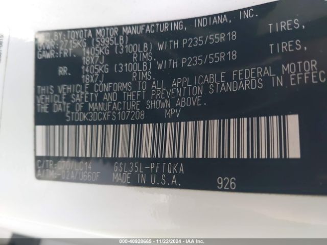5TDDK3DCXFS107208 Toyota Sienna Xle/limited
