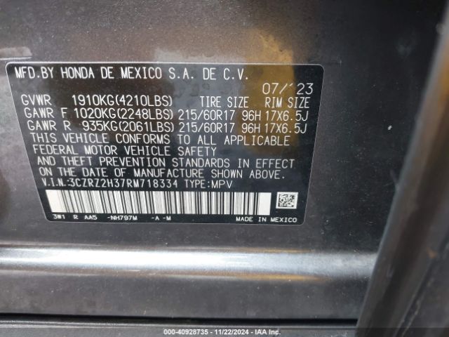 3CZRZ2H37RM718334 Honda Hr-v Awd Lx