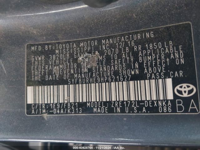 5YFBURHE9HP621627 Toyota COROLLA LE
