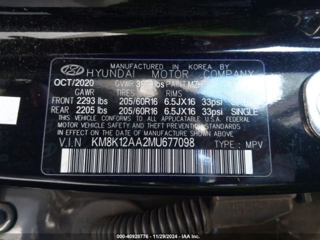 KM8K12AA2MU677098 Hyundai Kona Se