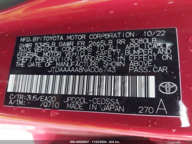 JTDAAAAA8NA006743 Toyota Mirai Xle