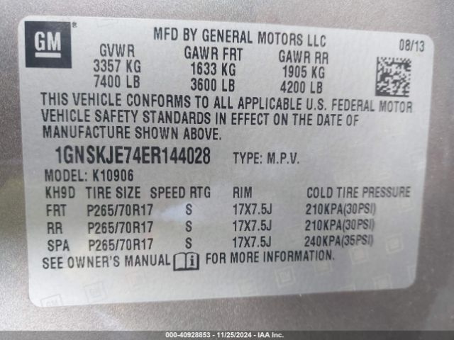 1GNSKJE74ER144028 Chevrolet Suburban 1500 Lt