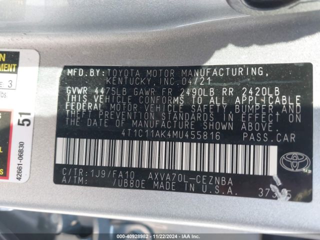 4T1C11AK4MU455816 Toyota CAMRY LE