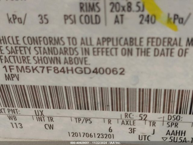 1FM5K7F84HGD40062 Ford Explorer Limited