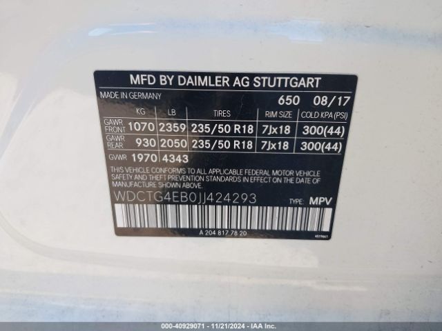 WDCTG4EB0JJ424293 Mercedes-Benz GLA 250