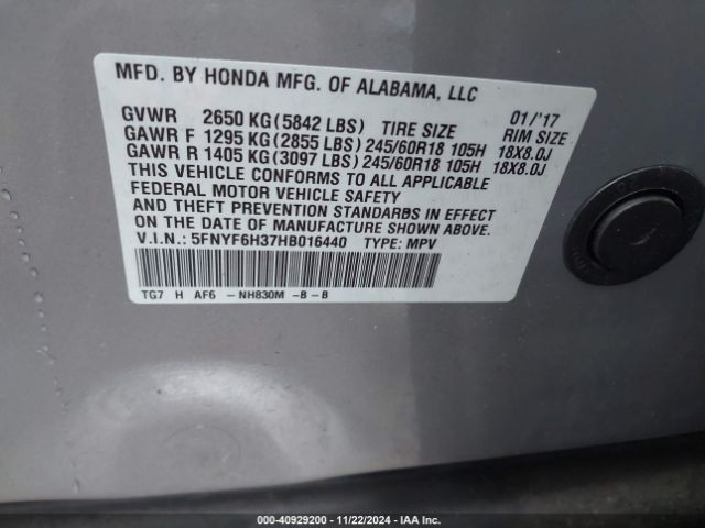 5FNYF6H37HB016440 Honda Pilot Ex