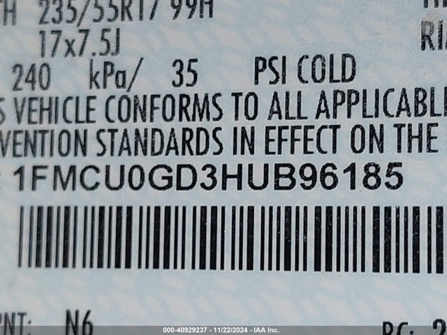 Ford ESCAPE SE 2017 1FMCU0GD3HUB96185 Image 9