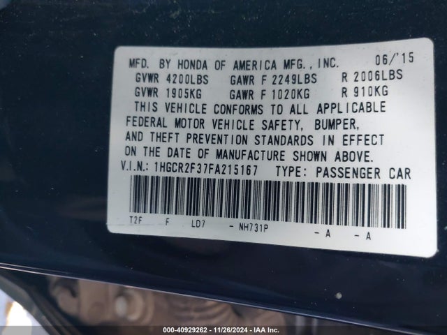 Honda ACCORD LX 2015 1HGCR2F37FA215167 Image 9