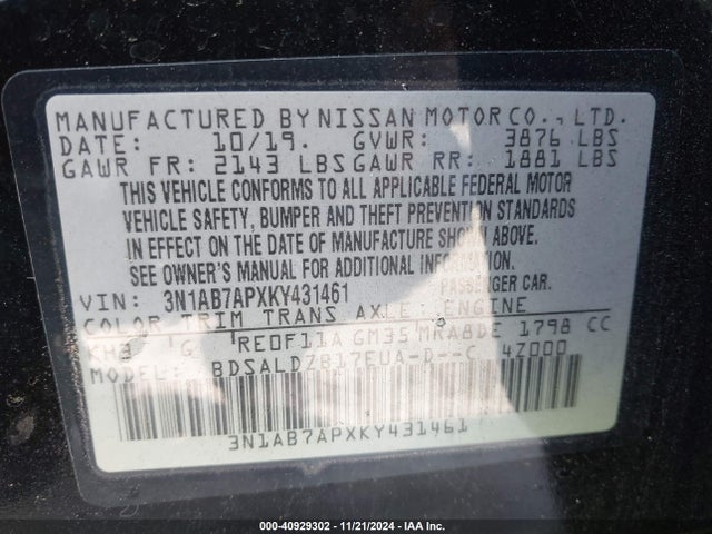3N1AB7APXKY431461 Nissan SENTRA SV