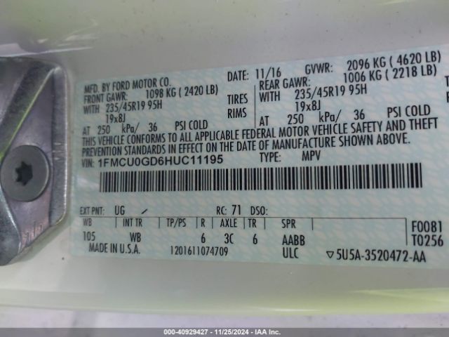 1FMCU0GD6HUC11195 Ford ESCAPE SE