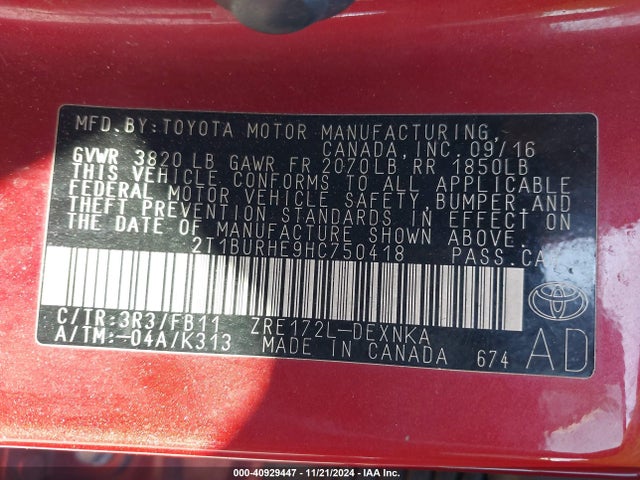 Toyota COROLLA LE 2017 2T1BURHE9HC750418 Image 9