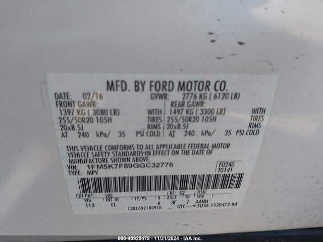 Ford Explorer Limited 2016 1FM5K7F89GGC32776 Image 9