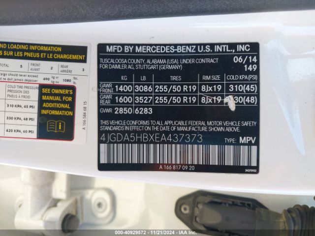 4JGDA5HBXEA437373 Mercedes-Benz Ml 350 4matic