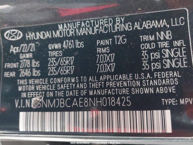 5NMJBCAE8NH018425 Hyundai TUCSON SEL