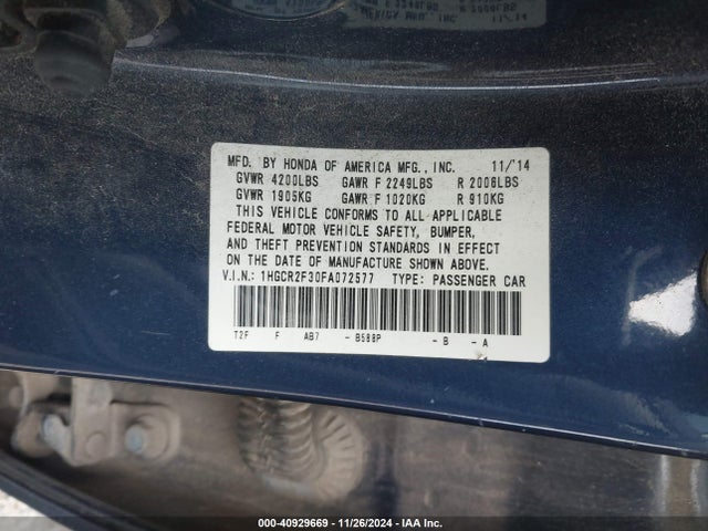 Honda ACCORD LX 2015 1HGCR2F30FA072577 Image 9