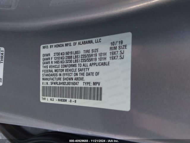 5FNRL6H92LB016047 Honda Odyssey Elite