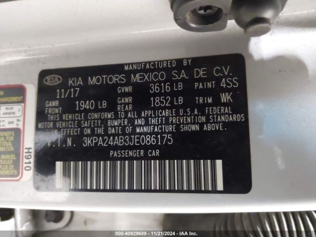 3KPA24AB3JE086175 KIA RIO S