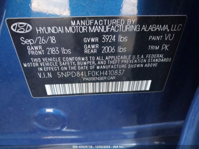 5NPD84LF0KH410837 Hyundai ELANTRA SEL