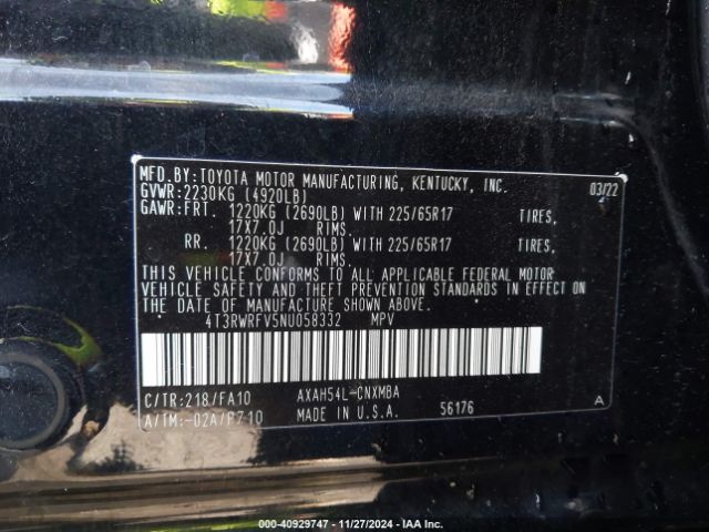 4T3RWRFV5NU058332 Toyota Rav4 Hybrid Xle