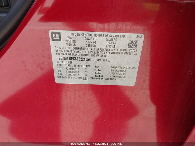 Chevrolet EQUINOX 1LT 2014 2GNALBEK6E6221058 Image 9