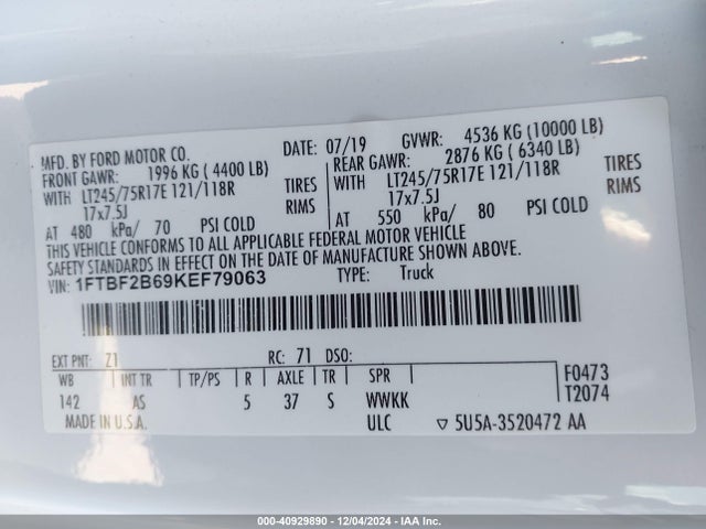 Ford F-250 Xl 2019 1FTBF2B69KEF79063 Image 9
