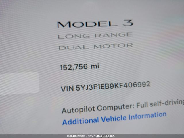 5YJ3E1EB9KF406992 Tesla Model 3 Long Range/performance