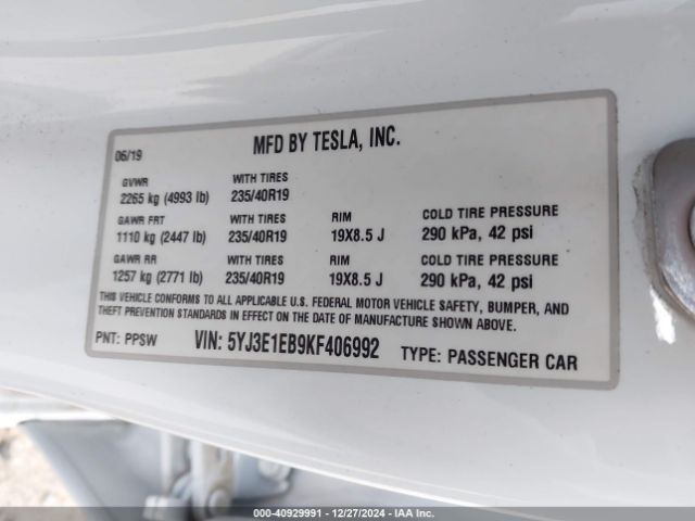 5YJ3E1EB9KF406992 Tesla Model 3 Long Range/performance