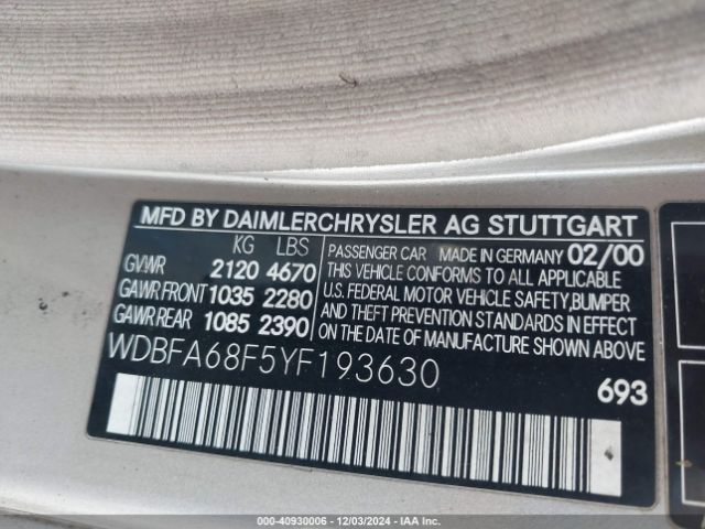 2000 MERCEDES-BENZ SL 500 WDBFA68F5YF193630 Photo 8