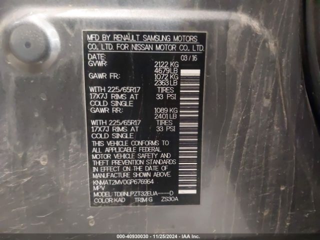 KNMAT2MV0GP676964 Nissan Rogue S/sl/sv