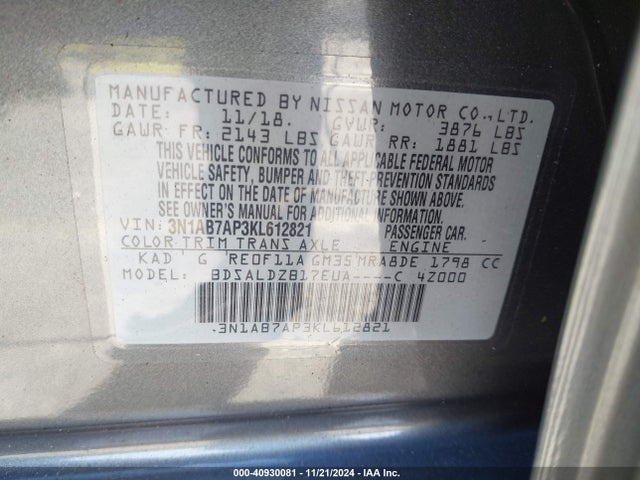 Nissan SENTRA SV 2019 3N1AB7AP3KL612821 Image 9