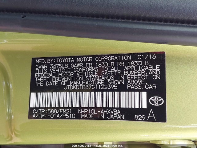 JTDKDTB37G1122395 Toyota Prius C Two