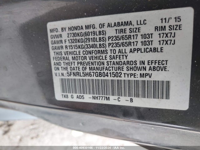 Honda Odyssey Ex-l 2016 5FNRL5H67GB041502 Image 9