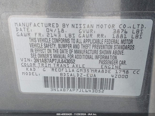Nissan SENTRA SV 2018 3N1AB7AP7JL643052 Image 9