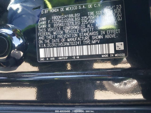 3CZRZ1H53RM702241 Honda Hr-v 2wd Sport/2wd Sport W/o Bsi